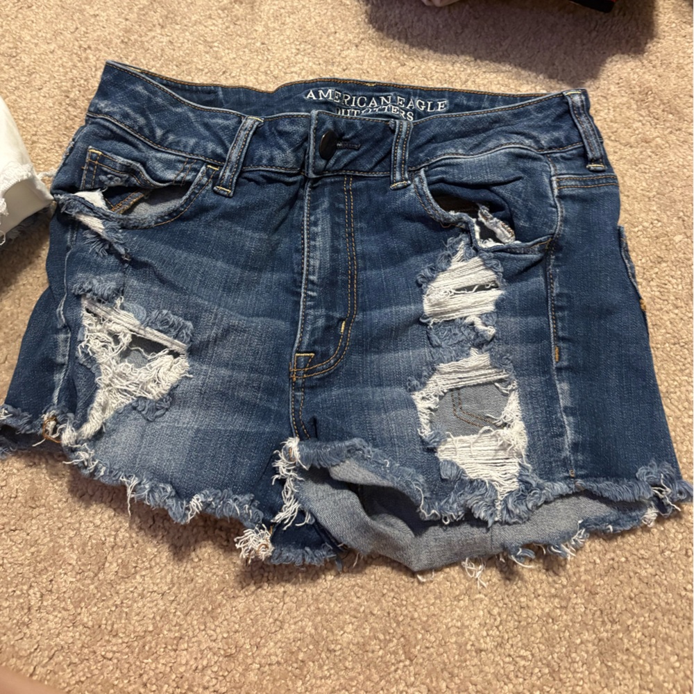 American Eagle Outfitters Blue Jean Shorts with Distressed Design